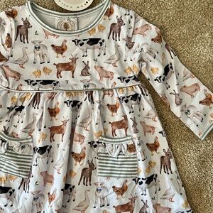 NWOT Farm Animal Print Kids Dress with Sage Trim EIEIO